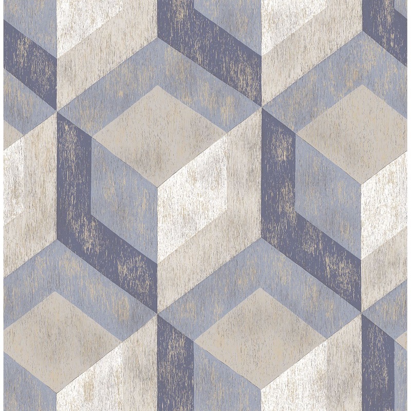 Rustic Wood Tile Blue Geometric Wallpaper