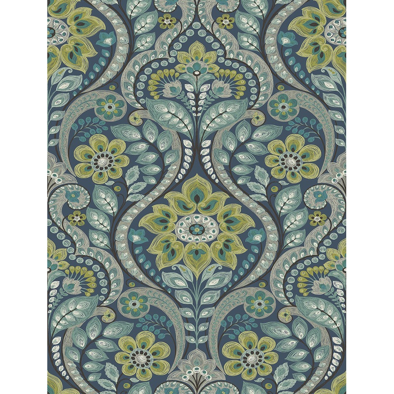 2763-12101 Night Bloom Navy Damask Wallpaper