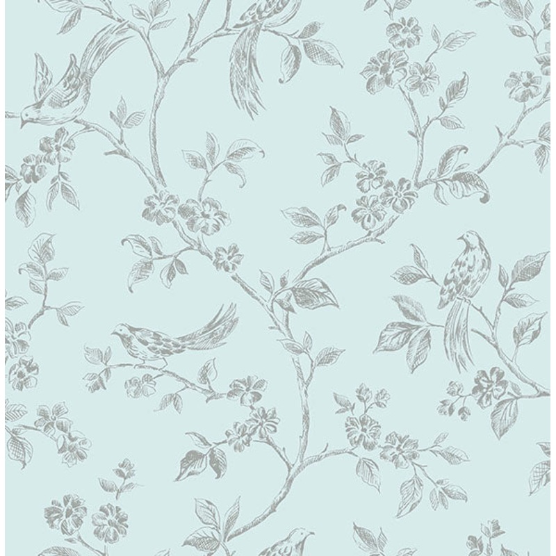 2814-24975 Aaron Light Blue Bird Trail Wallpaper